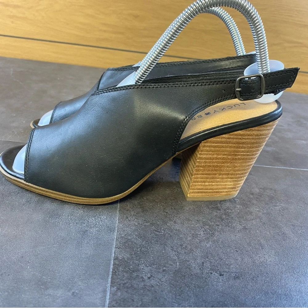 Lucky Brand Black Leather Block Heal Open Toe Sandal Size 10 - Picture 2 of 10